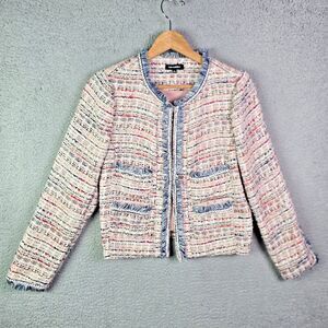525 America Tweed Jacket Ivory Pink Blue M Fringe Trim 4 Pocket Chanel Style